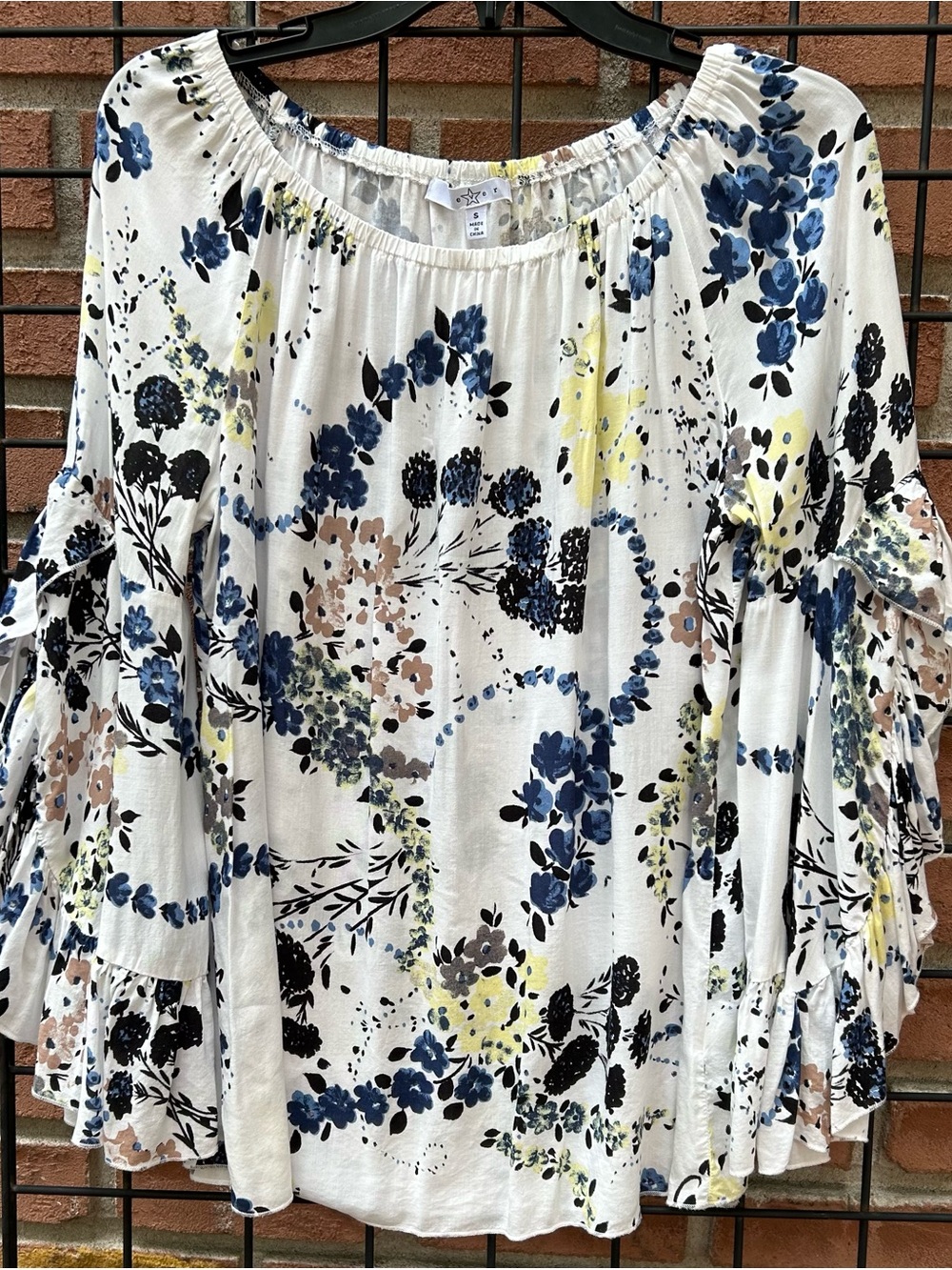 Floral Off-Shoulder Peasant Top - Neutral Floral Print with Bell Sleeves